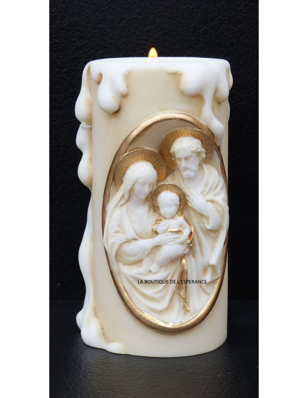 Très jolie bougie en albâtre beige et or avec le motif de la sainte Famille ou de Saint Michel Archange