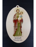 Médaillon en bois naturel de saint Joseph et l'Enfant-Jésus avec l'invocation priez pour nous.