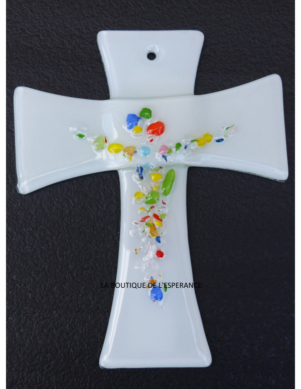 Magnifique croix en verre avec incrustations colorées de pâte de verre de Murano