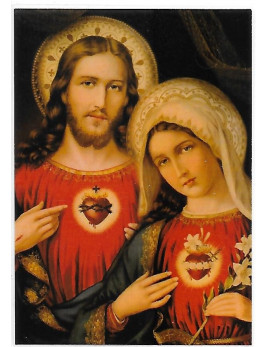 Image plastifiée des deux Cœurs Unis de Jésus et Marie avec prière au dos.