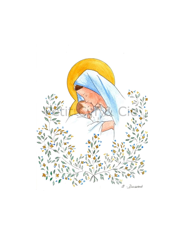 carte de Noël la vierge et l'Enfant Jésus dessinée et peinte à la main par Apolline Dussart