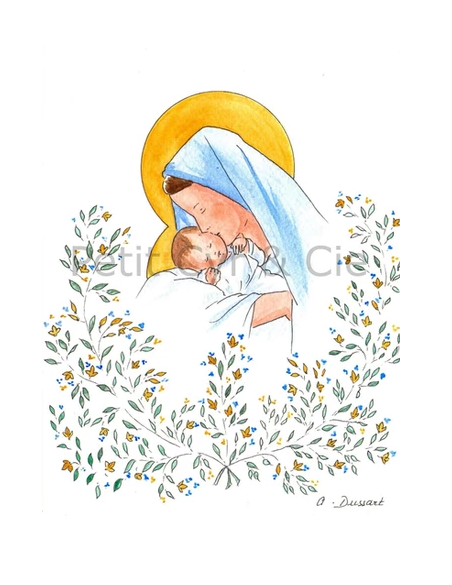 carte de Noël la vierge et l'Enfant Jésus dessinée et peinte à la main par Apolline Dussart
