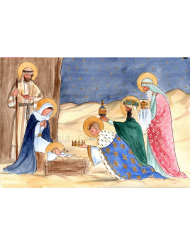 Carte de Noël, dessinée et peinte à la main par Apolline Dussart.  Adoration des mages