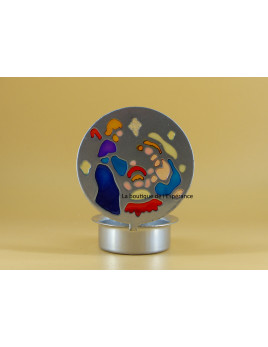 Photophore vitrail en métal argenté, avec ange, Vierge et l'Enfant ou Nativité