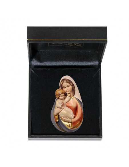 Bas-relief Vierge à l'Enfant en bois peint, avec coffret cadeau