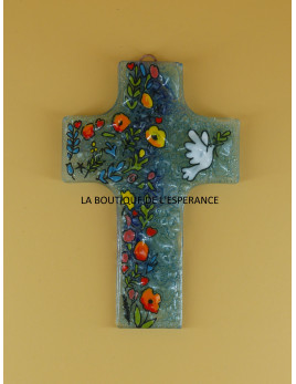 Croix en verre avec Colombe et fleurs
