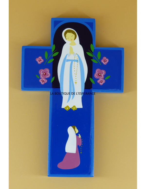 Croix sanctuaire Notre-Dame de Lourdes en bois peint à la main