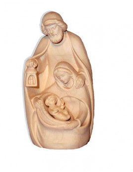 Très belle petite statue de la Sainte Famille en bois naturel, sculptée par les artisans du Val Gardena, en Italie.