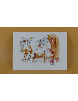 Une très jolie carte de Noël représentant Jésus entouré des animaux de la forêt