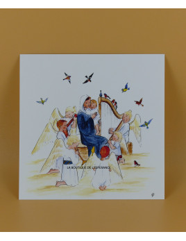 Carte de Noël réalisée par Apolline Dussart, représentant la Vierge et l'Enfant entourés d'anges musiciens