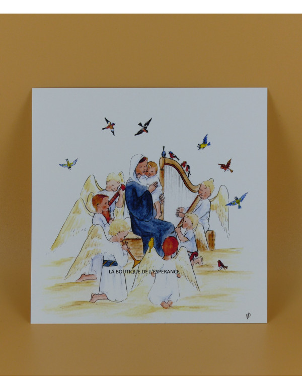 Carte de Noël réalisée par Apolline Dussart, représentant la Vierge et l'Enfant entourés d'anges musiciens