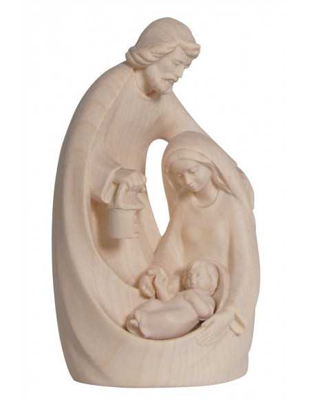 Très belle statue de la Sainte Famille en bois naturel, sculptée par les artisans du Val Gardena, en Italie.