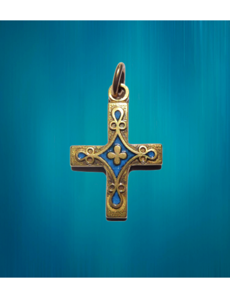 Pendentif croix en bronze émaillé, fleur de lys