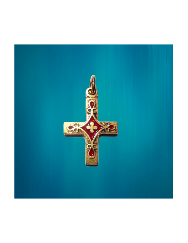 Pendentif croix en bronze émaillé, fleur de lys, rouge