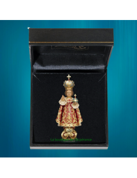 Ravissante petite statue de l'Enfant-Jésus de Prague en bois de 6,5 cm de hauteur avec sa boîte-cadeau