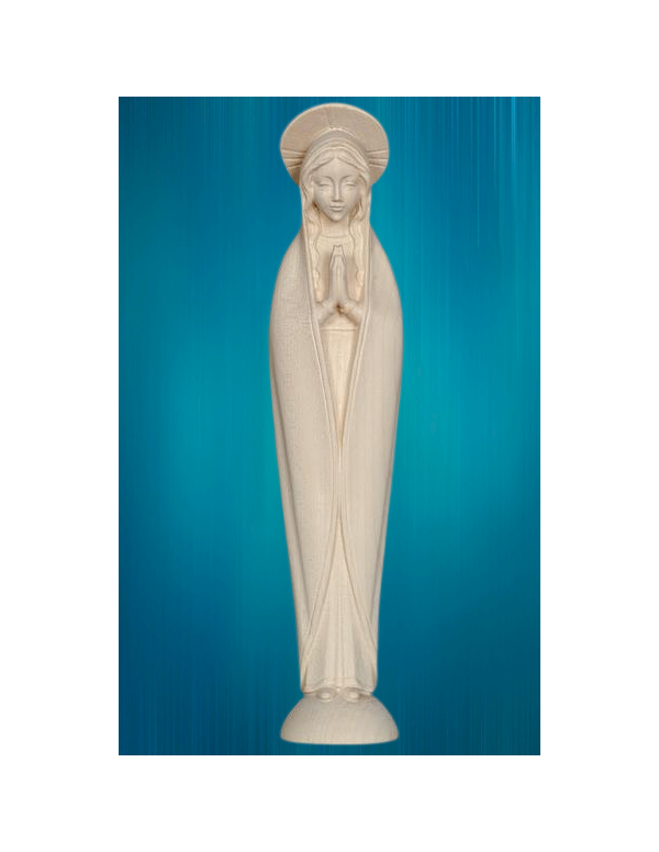 Jolie Statue de la Sainte Vierge en bois naturel, dans un style épuré.