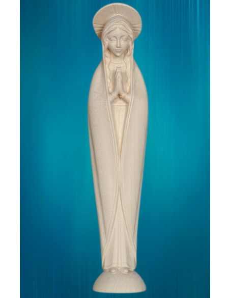 Jolie Statue de la Sainte Vierge en bois naturel, dans un style épuré.