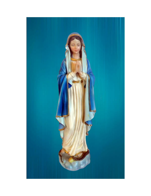 Statue de la Vierge Marie en résine peinte à la main. La Vierge Marie a les mains jointes
