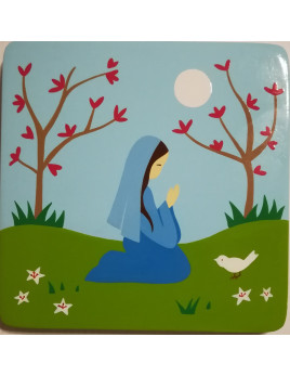 Joli tableau en bois, peint à la main représentant la Vierge Marie en prières