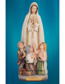 Statue en bois peint et sculpté de Notre-Dame de Fatima avec les bergers.