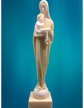 Statue Vierge à l'Enfant Art Déco en albâtre beige et aux contours dorés