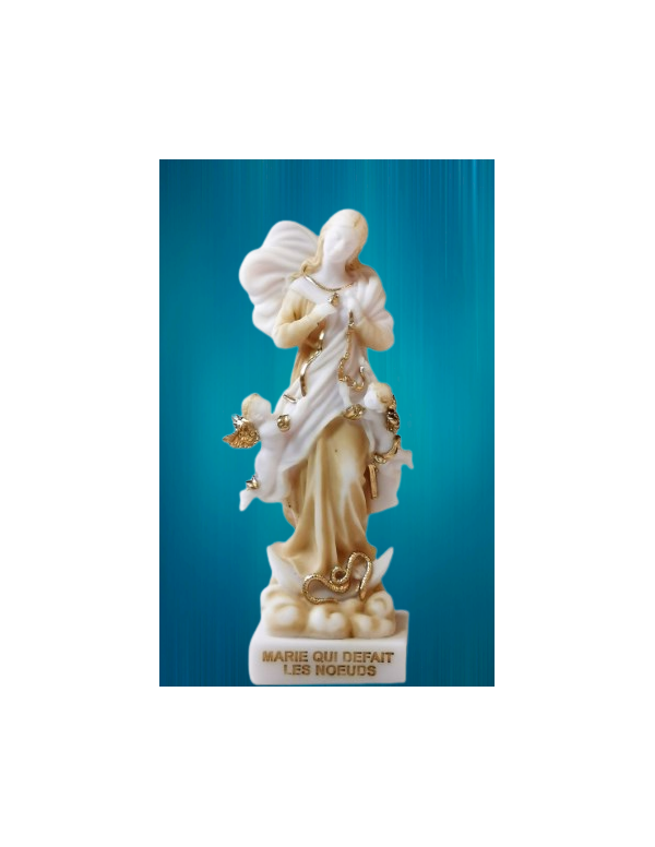 Jolie statue en albâtre beige et or de Marie qui défait les nœuds - 17 cm