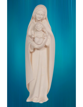Très belle statue en bois naturel représentant la Vierge avec l'Enfant-Jésus dans ses bras, 30 cm