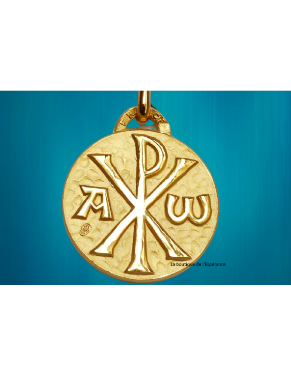 Médaille avec le symbole Chrisme en plaqué or 3µ, de diamètre 18 mm, de fabrication française.