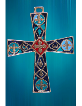 Croix en bronze émaillé bleu et rouge avec l'alpha et l'oméga
