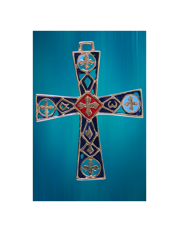 Croix en bronze émaillé bleu et rouge avec l'alpha et l'oméga