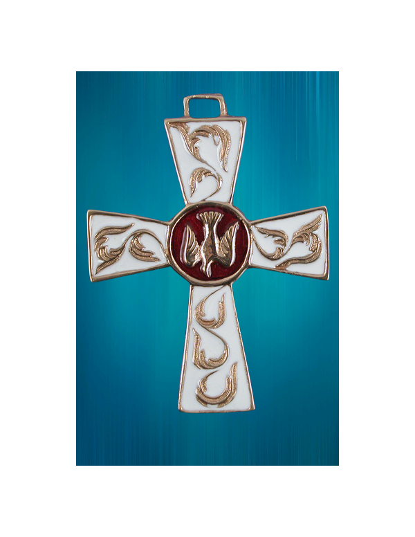Croix en bronze émaillé blanc avec la colombe représentant le Saint-Esprit.