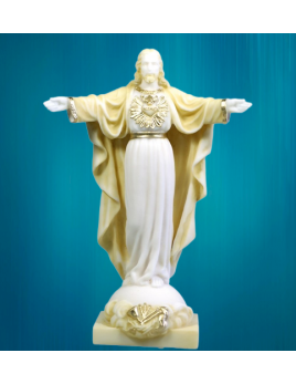 Statue du Christ Rédempteur en albâtre beige et or de 20 cm
