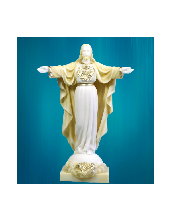Statue du Christ Rédempteur en albâtre beige et or de 20 cm