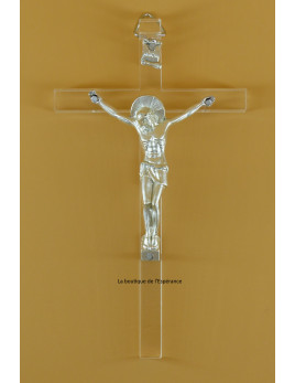 Crucifix en acrylique et Christ en métal argenté de dimension 14 x 8 cm
