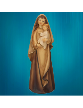 Petite statue de la Vierge tenant l'Enfant Jésus dans ses bras, en résine ton bois.