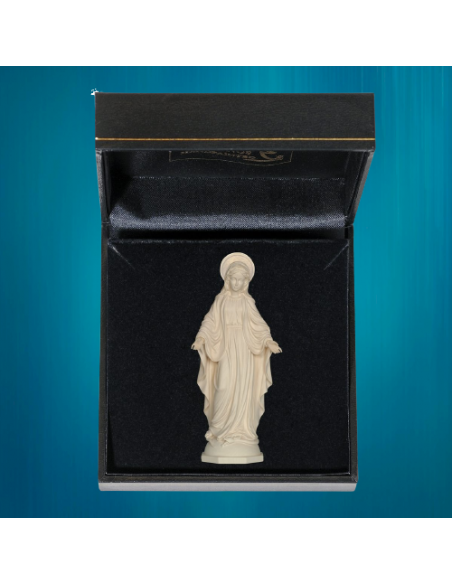 Ravissante petite statue de la Vierge en bois peint ou naturel de 6.5 cm de hauteur avec sa boîte cadeau