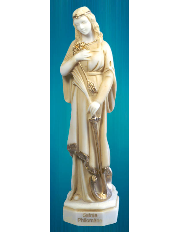 Statue de sainte Philomène en albâtre beige et doré