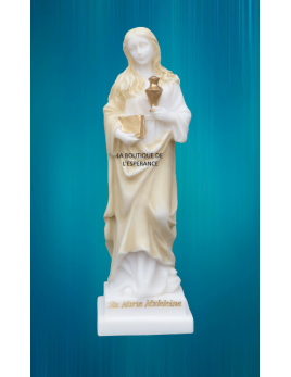 Ravissante statue de sainte Marie-Madeleine en albâtre beige et or.