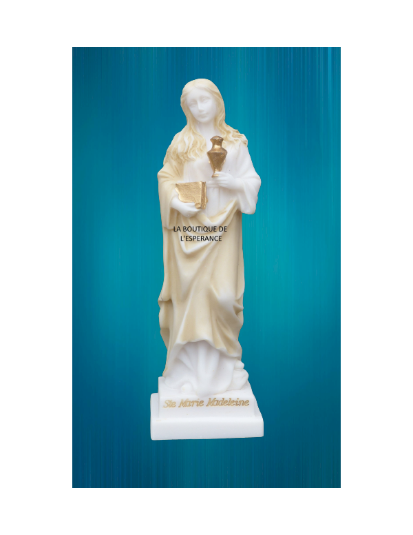 Ravissante statue de sainte Marie-Madeleine en albâtre beige et or.