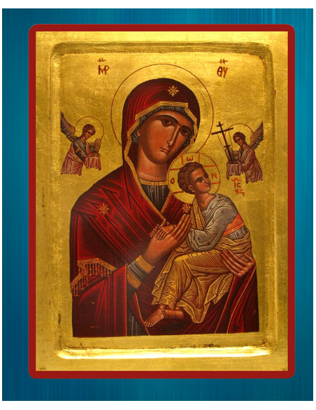 Véritable icône Byzantine qui trouve toute sa splendeur dans l'éclat de ses couleurs et de son fond d'or.