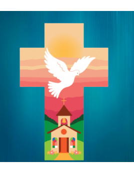 Croix en bois peint avec Colombe et église de la Ronde des couleurs