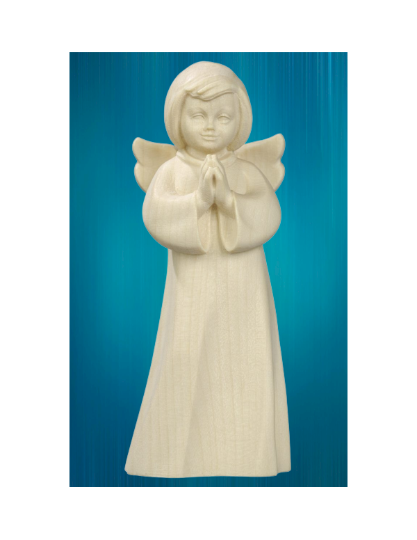 Jolie statue d'un ange en prières, en bois naturel sculptée par des artisans du Val Gardena, en Italie.