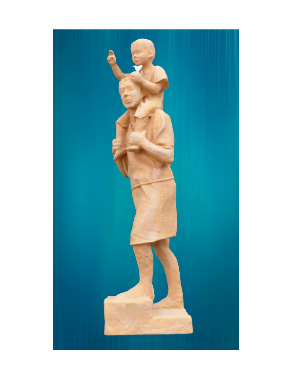 Saint Joseph avec Jésus sur les épaules, la belle statue de la marche des Pères. En albâtre coloré.
