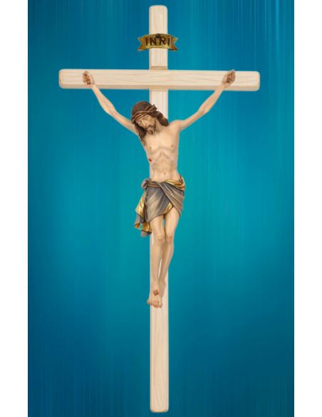 magnifique crucifix avec le Christ en bois sculpté et peint à la main par des artisans italiens du Val Gardena.