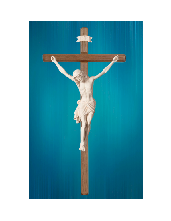 Magnifique crucifix, d'excellente facture, avec Christ en bois sculpté par des artisans du Val Gardena, en Italie.