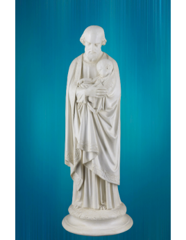 Statue en plâtre statuaire de saint Joseph portant l'Enfant-Jésus avec tendresse.