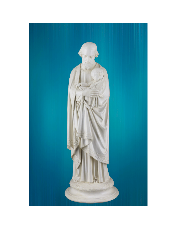Statue en plâtre statuaire de saint Joseph portant l'Enfant-Jésus avec tendresse.