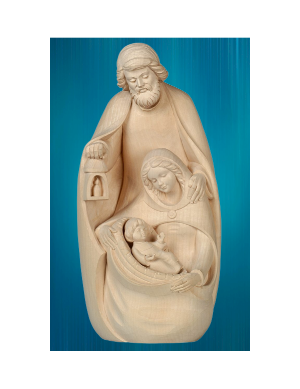 Très belle petite statue de la Sainte Famille en bois naturel, sculptée par les artisans du Val Gardena, en Italie.
