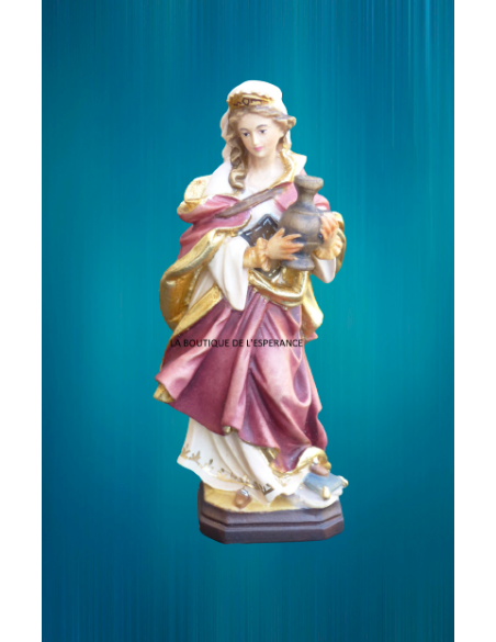 Magnifique statue de Sainte Marie-Madeleine en bois, sculptée et peinte par des artisans du Val Gardena, en Italie.