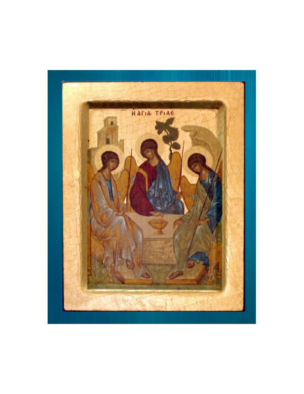 Véritable icône Byzantine de la Trinité, qui trouve toute sa splendeur dans l'éclat de ses couleurs et de son fond d'or.